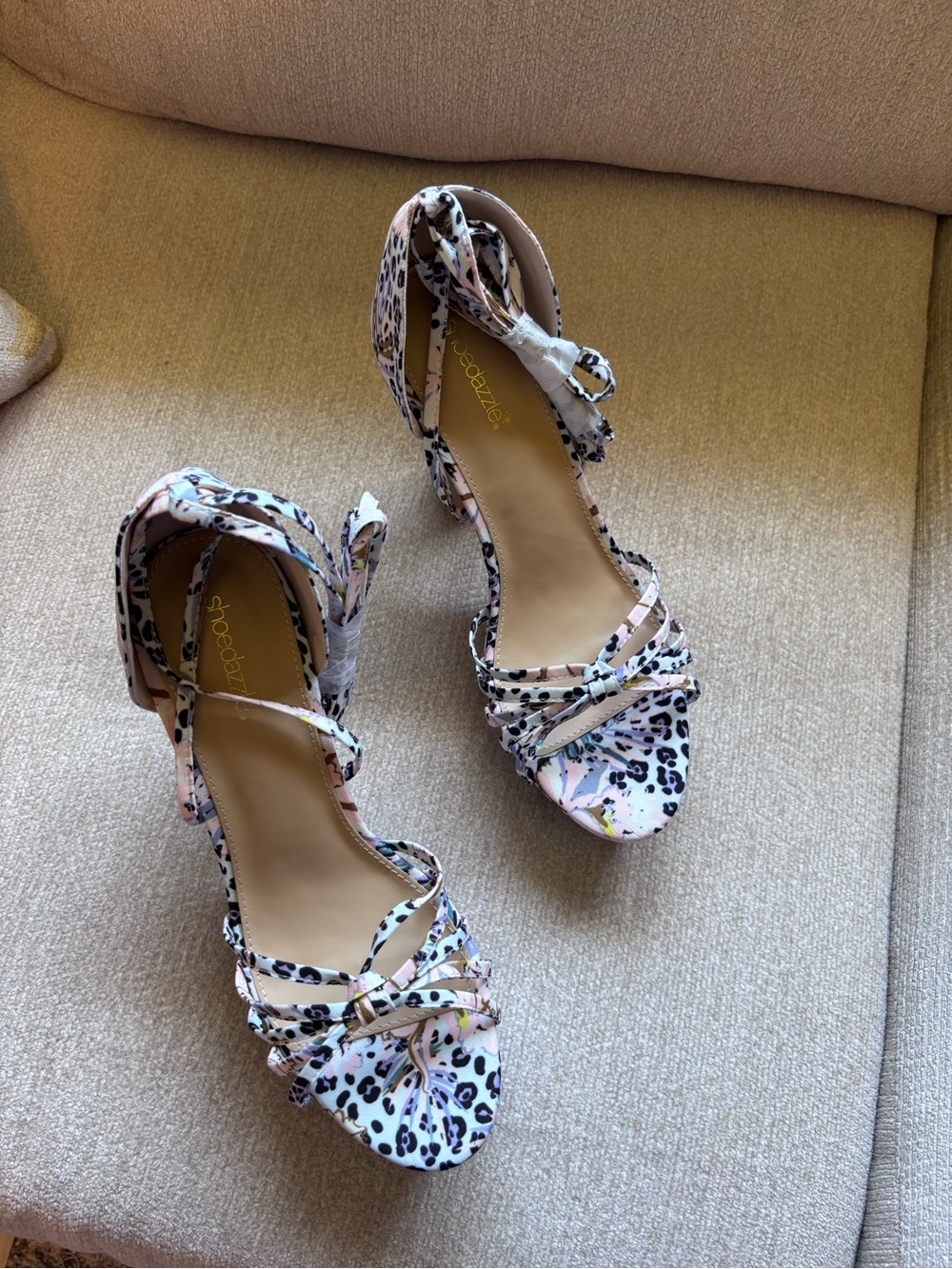 Shoe Dazzle Pink and Black Leopard Ankle-Tie Heels